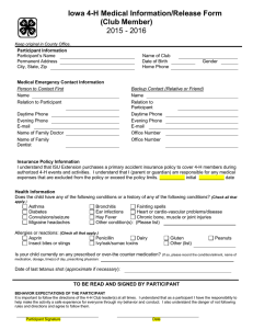 Iowa 4-H Medical Information/Release Form (Club Member) 2015 - 2016