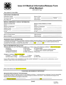 Iowa 4-H Medical Information/Release Form (Club Member) 2015-2016 Year