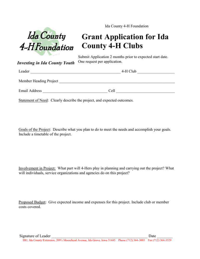 Grant Application for Ida County 4H Clubs