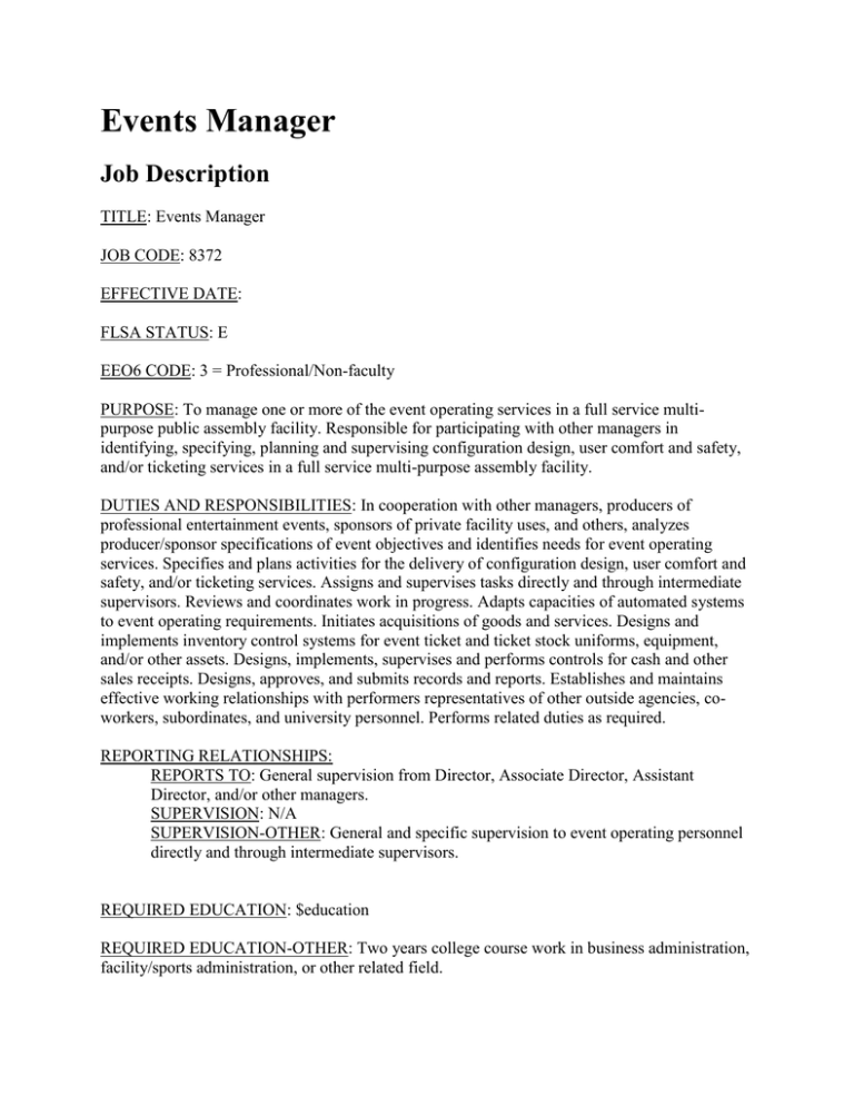 University event manager job description