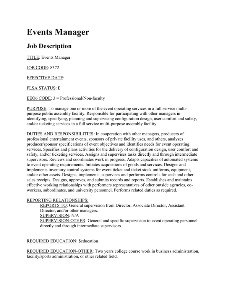 Hotel Event Manager Job Description