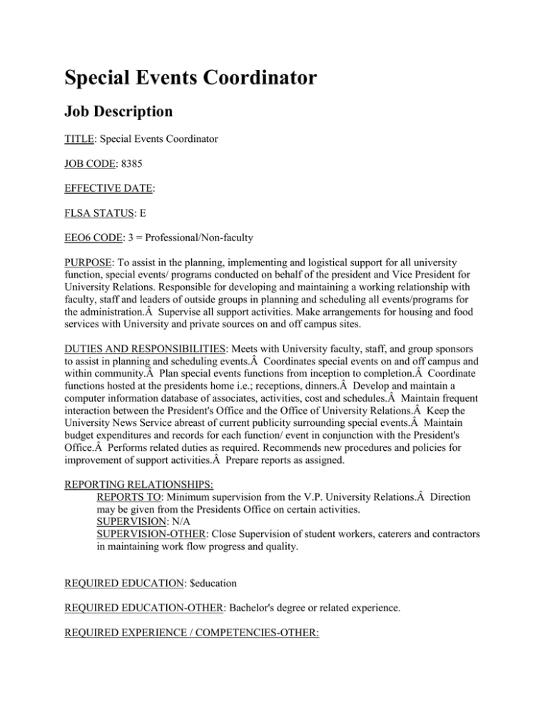 Special Events Coordinator Job Description