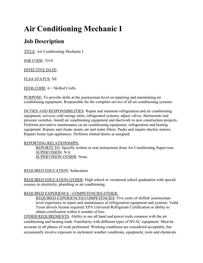 Heating And Air Conditioning Technician Job Description Job Retro