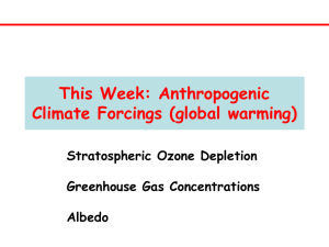 This Week: Anthropogenic Climate Forcings (global warming) Stratospheric Ozone Depletion Greenhouse Gas Concentrations