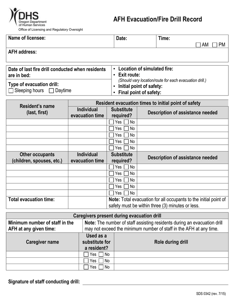 AFH Evacuation/Fire Drill Record Inside Emergency Drill Report Template