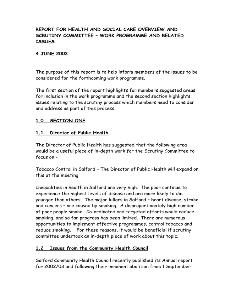 REPORT FOR HEALTH AND SOCIAL CARE OVERVIEW AND ISSUES
