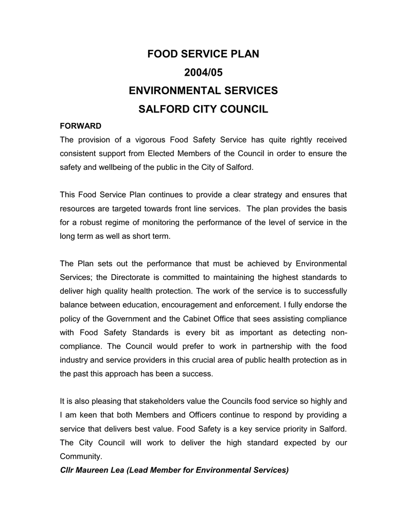 Food Service Plan 2004 05 Environmental Services Salford City Council