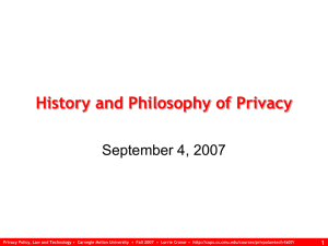 History and Philosophy of Privacy September 4, 2007 1