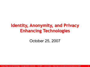 Identity, Anonymity, and Privacy Enhancing Technologies October 25, 2007 1