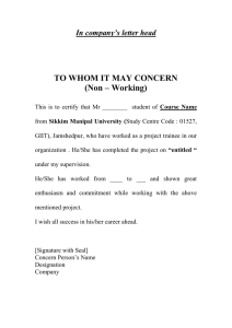 TO WHOM IT MAY CONCERN (Non – Working) In company’s letter head
