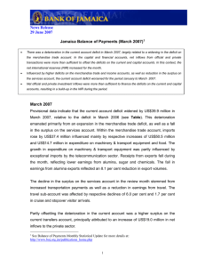 News Release 29 June 2007 Jamaica Balance of Payments (March 2007)