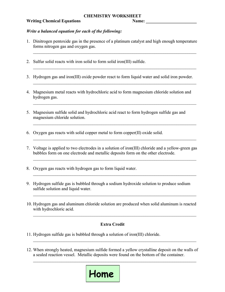 Chemistry Worksheet Writing Chemical Equations Name