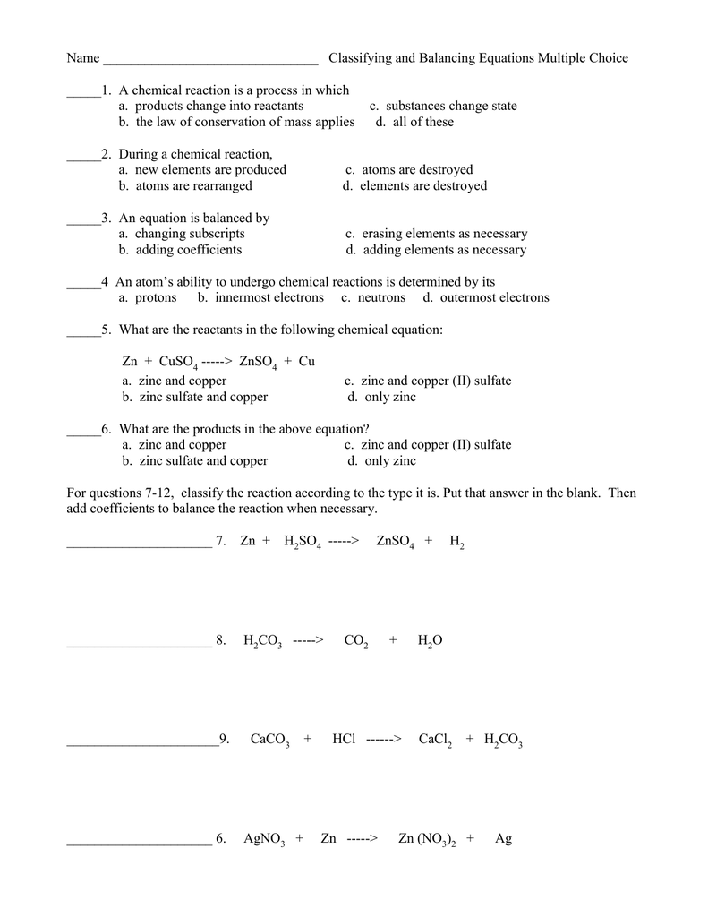 Name Classifying And Balancing Equations Multiple Choice 