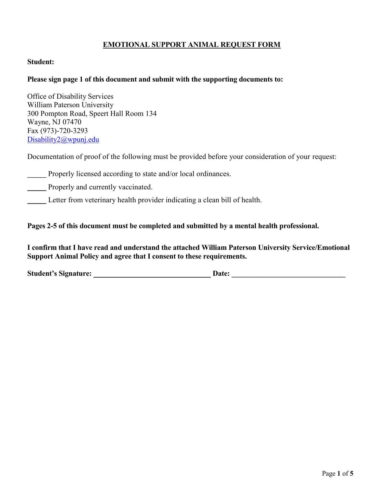 emotional support animal request form student