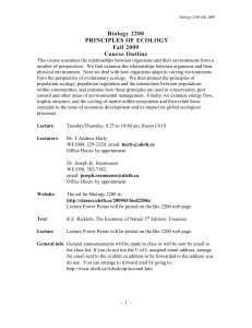 Biology 2200 PRINCIPLES OF ECOLOGY Fall 2009 Course Outline