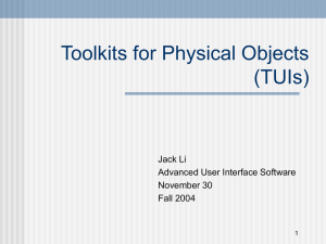 Toolkits for Physical Objects (TUIs) Jack Li Advanced User Interface Software