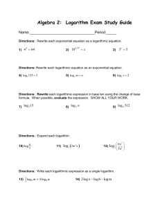   Algebra 2:  Logarithm Exam Study Guide log