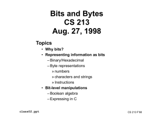Bits and Bytes CS 213 Aug. 27, 1998 Topics