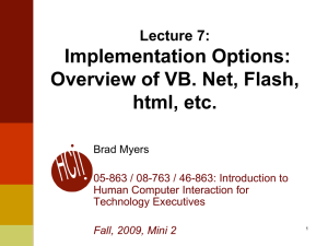 Implementation Options: Overview of VB. Net, Flash, html, etc. Lecture 7:
