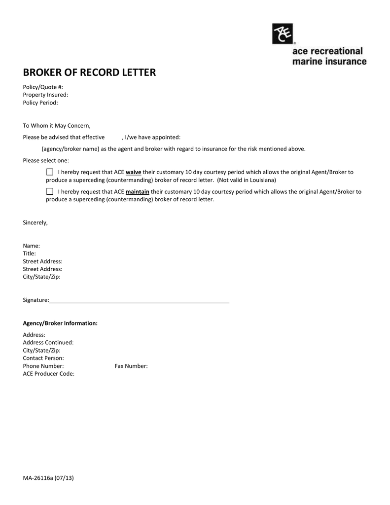 Broker Of Record Letter Template