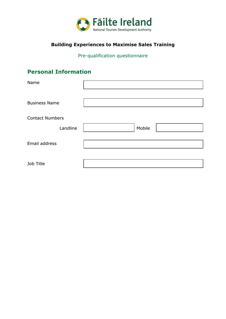 Personal Information Building Experiences To Maximise Sales Training Pre Qualification Questionnaire