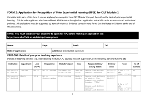 FORM 2: Application for Recognition of Prior Experiential learning (RPEL)...