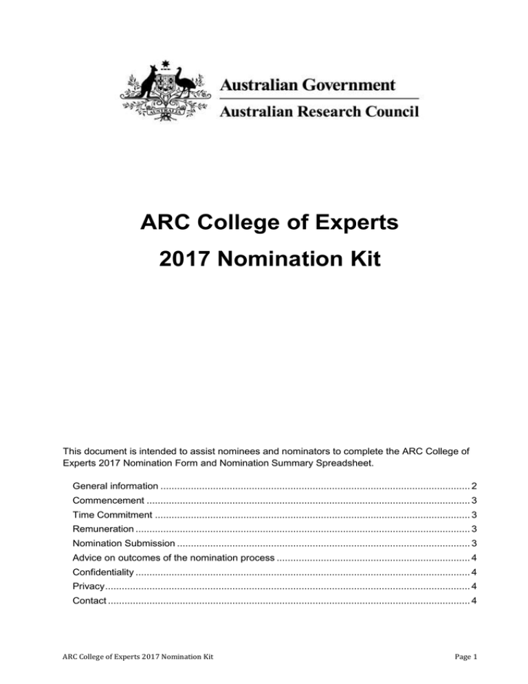 ARC College of Experts 2017 Nomination Kit