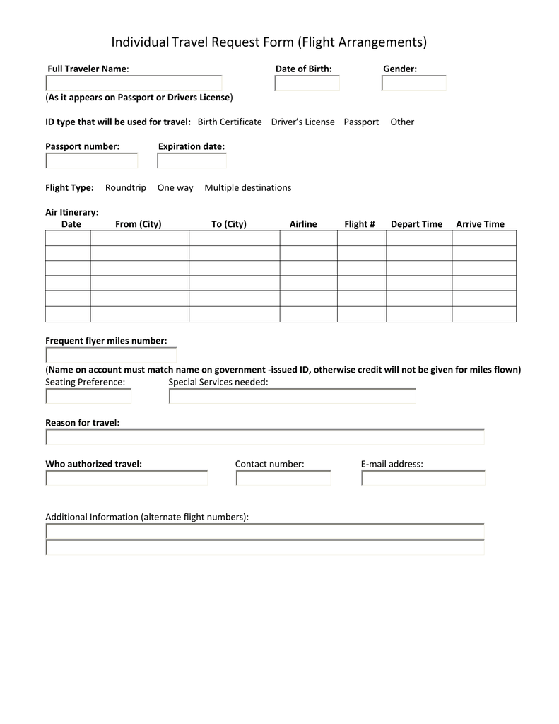 Individual Travel Request Form (Flight Arrangements)