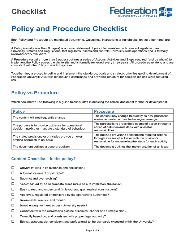 Checklist Policy And Procedure Checklist