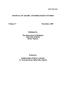 JOURNAL OF ARABIC AND RRELIGIOUS STUDIES Volume 17 December, 2003