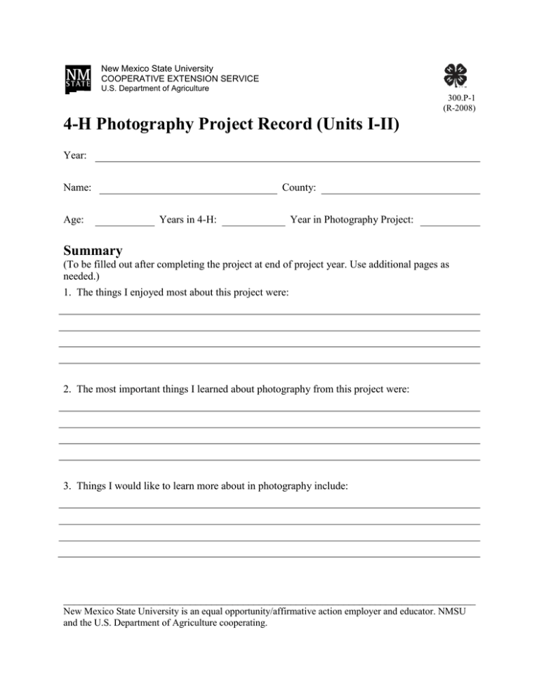 4-H Photography Project Record (Units I-II) Summary