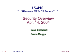 Security Overview Apr. 14, 2004 15-410 “...”Windows NT is C2 Secure”...”