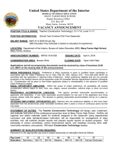 United States Department of the Interior VACANCY ANNOUNCEMENT  MANY FARMS HIGH SCHOOL