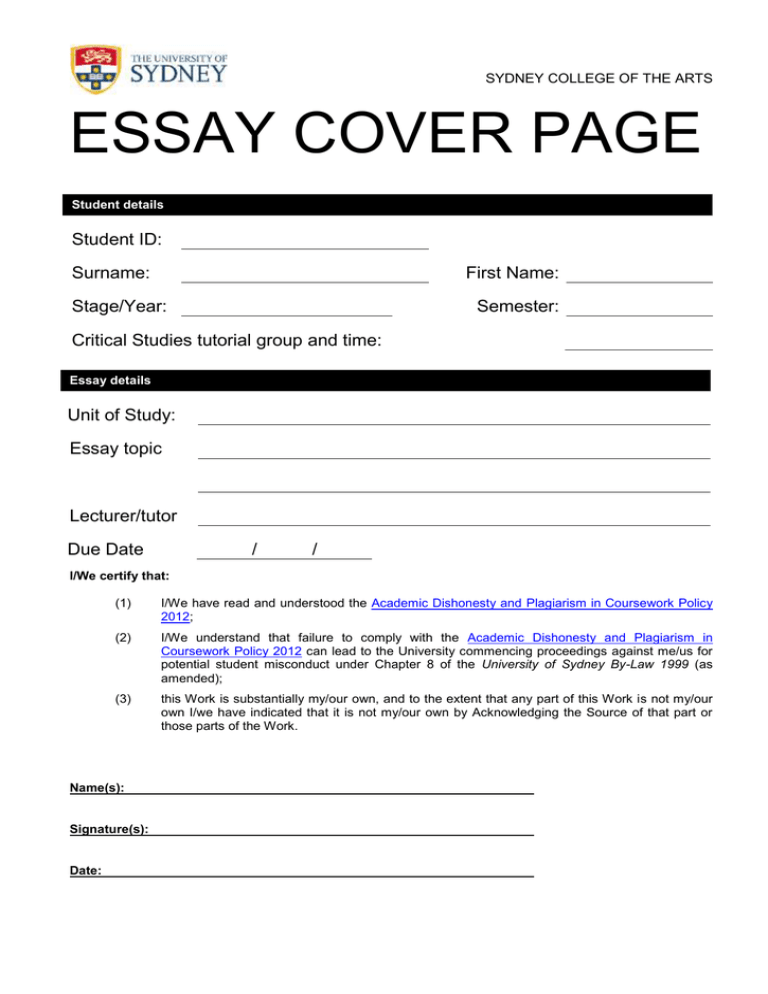 essay cover page university