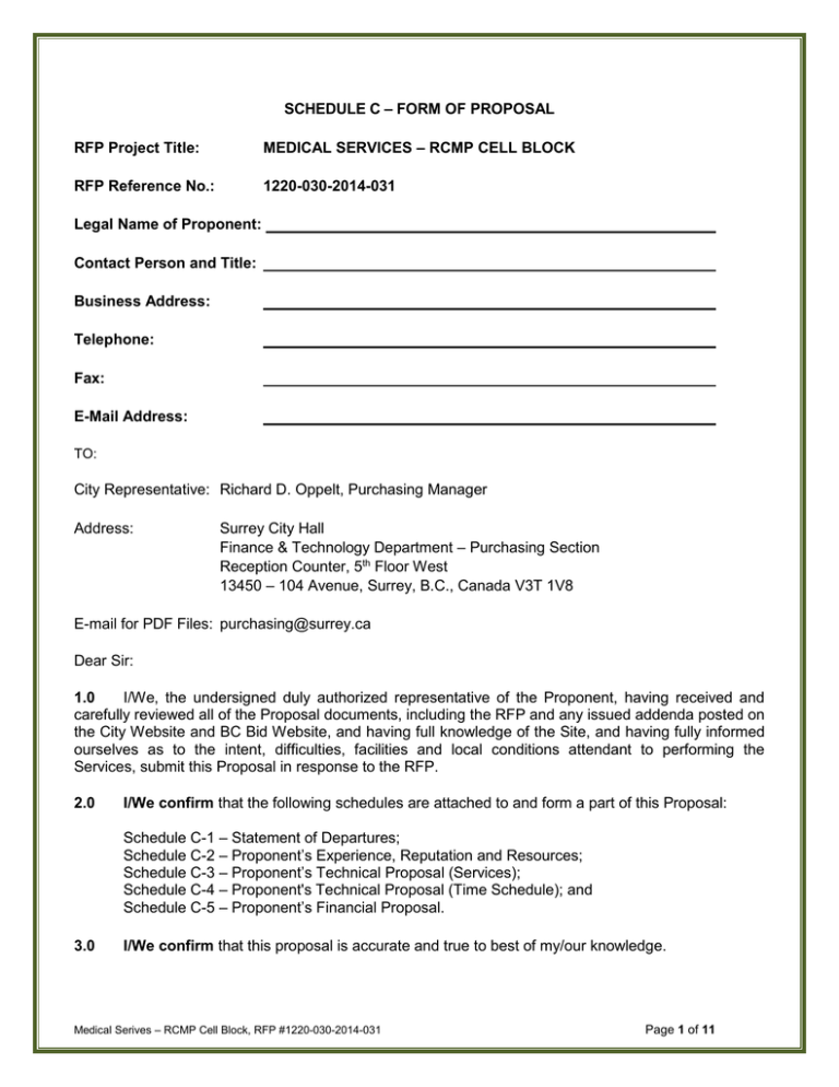 FORM OF PROPOSAL SCHEDULE C – RCMP CELL BLOCK