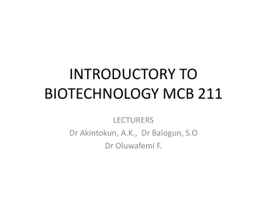 INTRODUCTORY TO BIOTECHNOLOGY MCB 211 LECTURERS Dr Akintokun, A.K.,  Dr Balogun, S.O