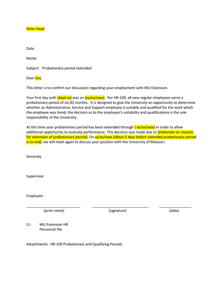 Probationary Period Extension Letter MU Extension