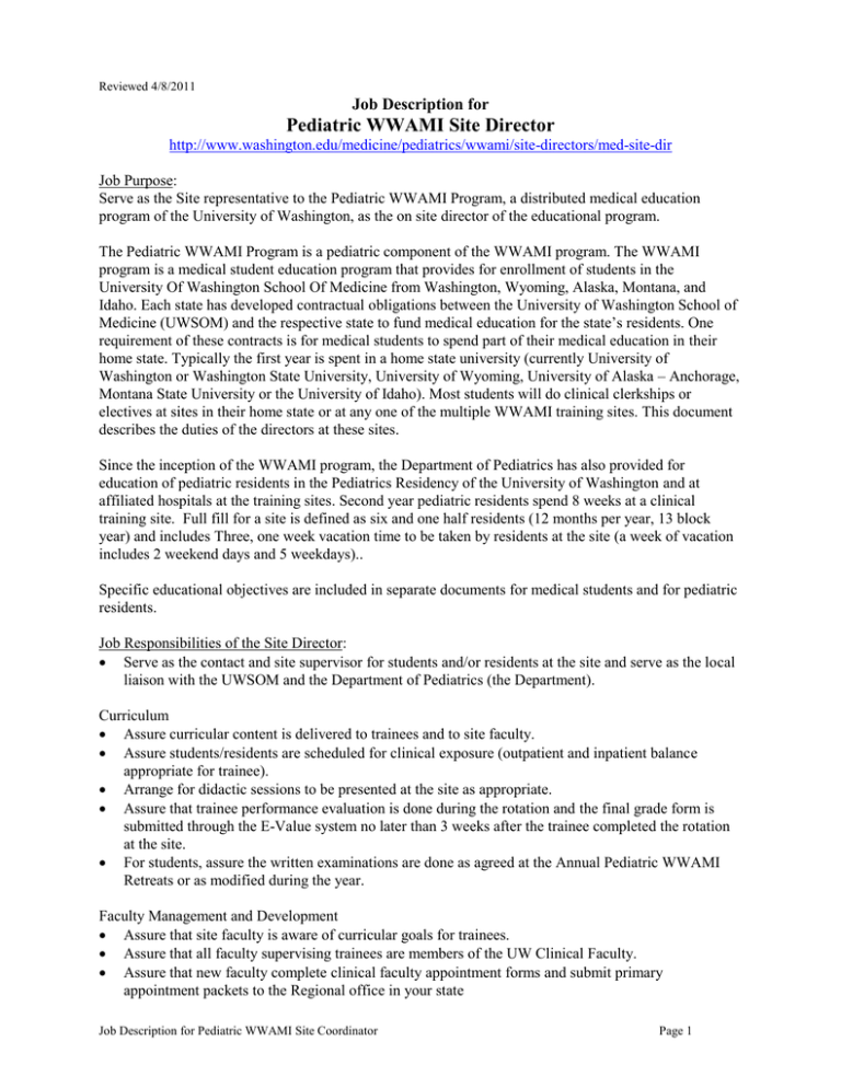 Pediatric WWAMI Site Director Job Description For