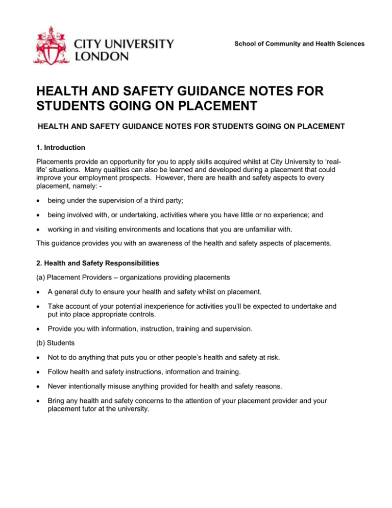 HEALTH AND SAFETY GUIDANCE NOTES FOR STUDENTS GOING ON PLACEMENT