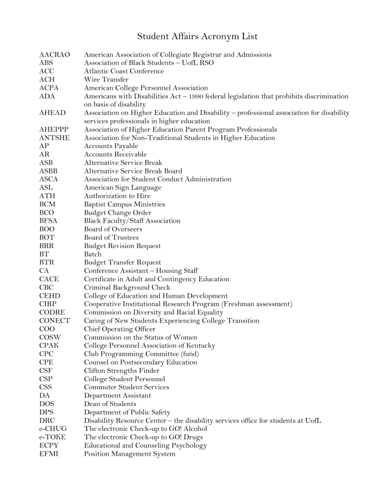 Student Affairs Acronym List