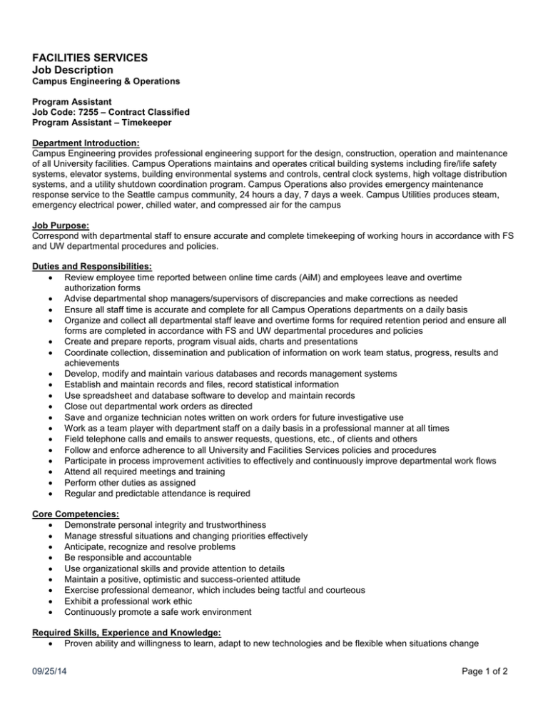 FACILITIES SERVICES Job Description