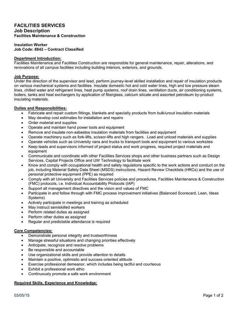 FACILITIES SERVICES Job Description