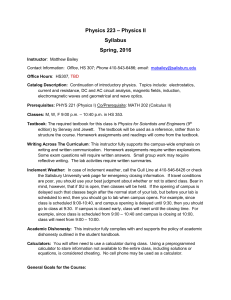 – Physics II Physics 223 Syllabus Spring, 2016