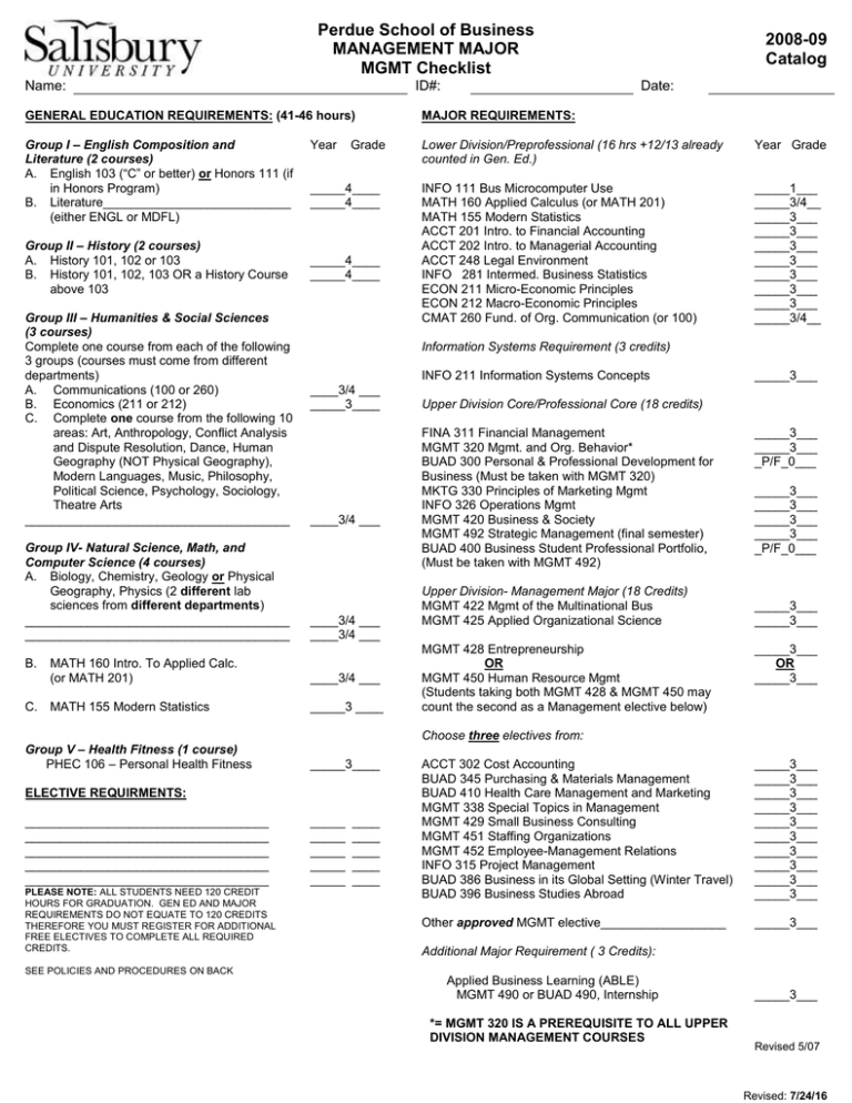 Perdue School of Business 2008-09 MANAGEMENT MAJOR