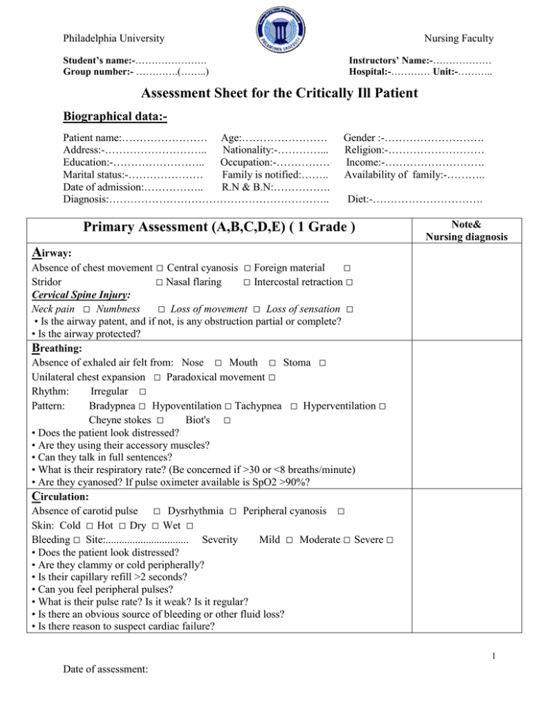 Assessment Sheet For The Critically Ill Patient Biographical Data 