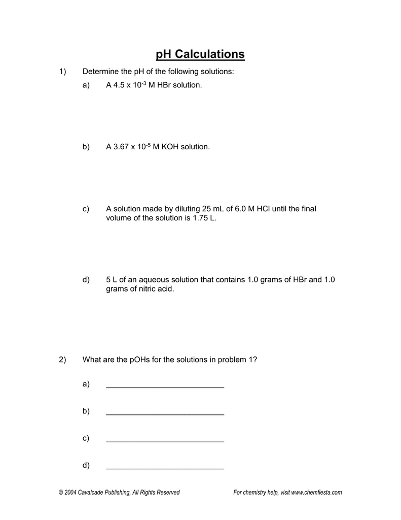 pH Calculations In Ph Worksheet Answer Key