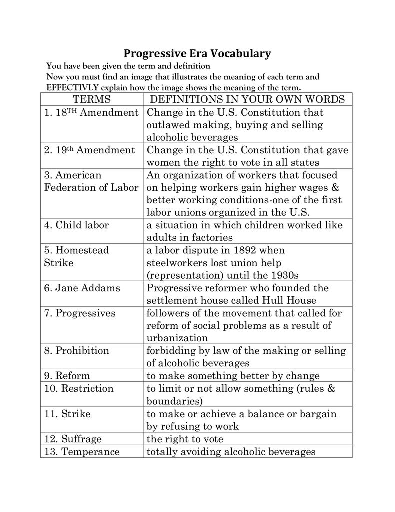 Progressive Era Vocabulary In The Progressive Era Worksheet
