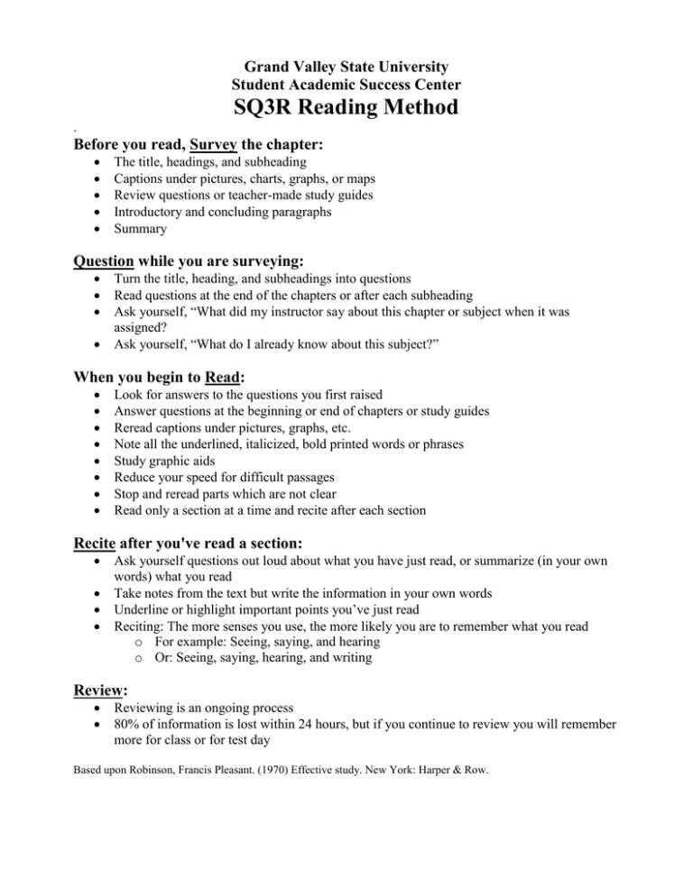 SQ3R Reading Method Grand Valley State University Student Academic ...