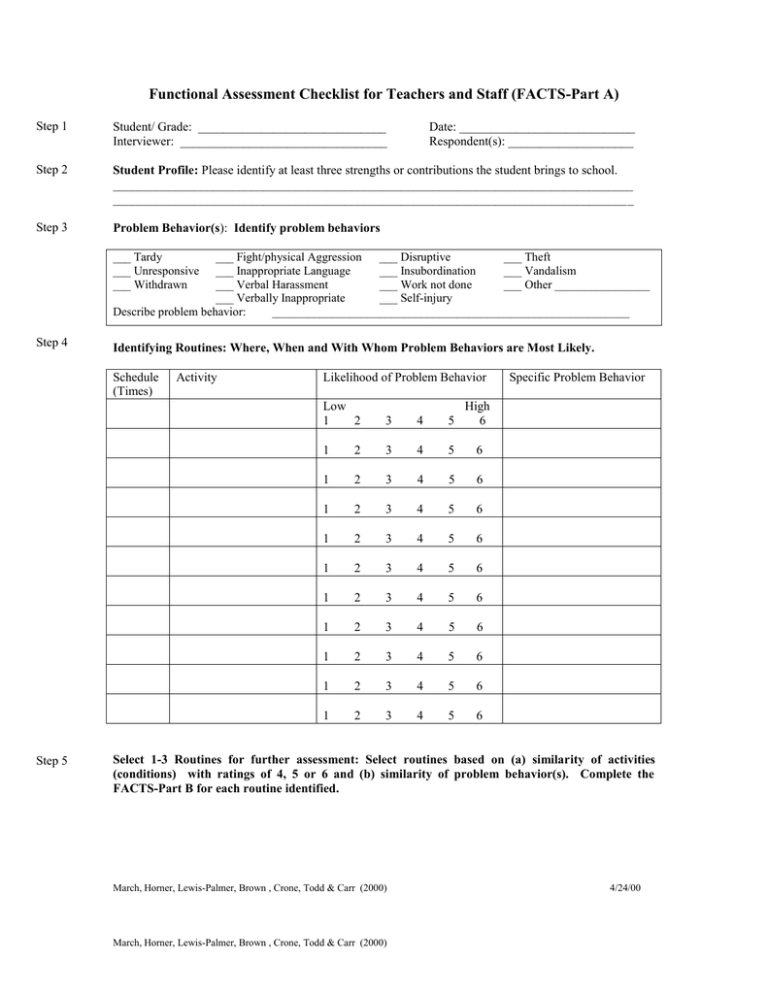 Functional Assessment Checklist For Teachers And Staff Facts Part A