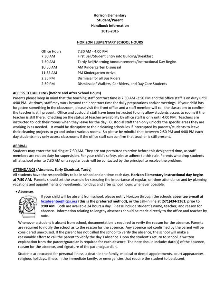 Horizon Elementary Student Parent Handbook Information 2015 2016